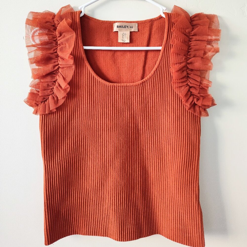 Bailey/44 Ribbed Scoop Neck Ruffle Sleeve Top Pumpkin Orange Size S